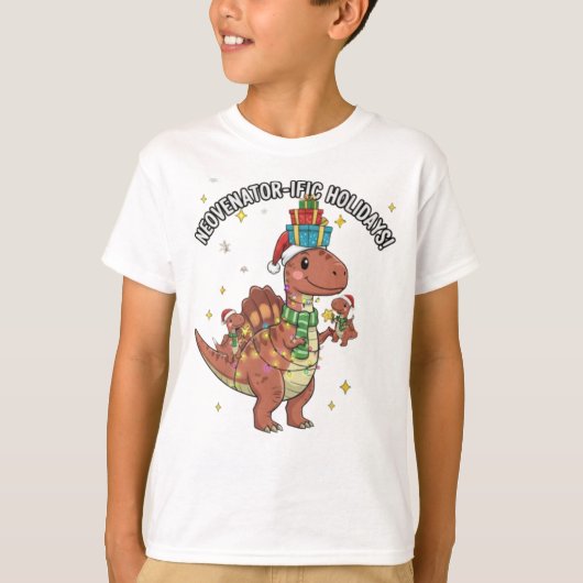 Cute Christmas Neovenator Family – Festive Dino Ho Tシャツ (正面)