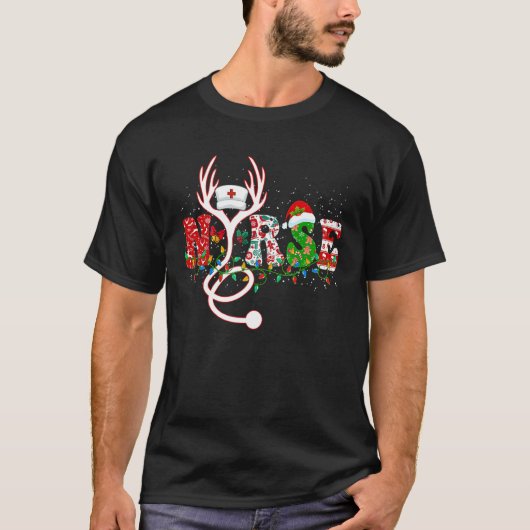 Cute Christmas Nurse Reindeer Stethoscope Santa Ha Tシャツ (正面)