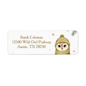 Cute Christmas Owl Gold Snowflakes Return Address ラベル (正面)