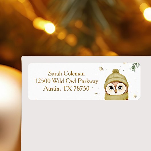 Cute Christmas Owl Gold Snowflakes Return Address ラベル