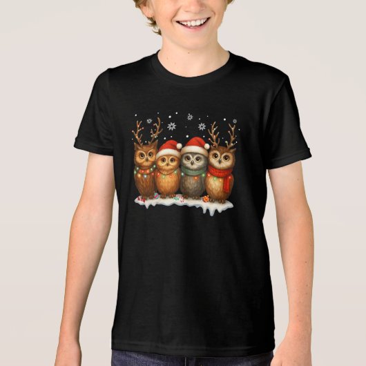 Cute Christmas Owls with Santa Hats & Reindeer  トライブレンドＴシャツ (正面)