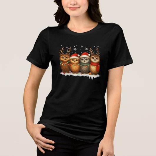 Cute Christmas Owls with Santa Hats & Reindeer  トライブレンドＴシャツ (正面)