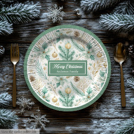 Cute Christmas Paper Plates Pastel Sage and Gold ペーパープレート