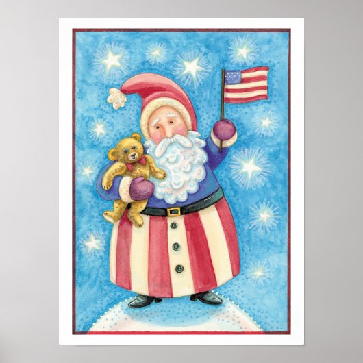 Cute Christmas, Patriotic Santa Claus with Flag ポスター (正面)
