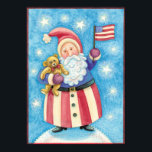 Cute Christmas, Patriotic Santa Claus with Flag ポスター<br><div class="desc">Vintage illustration cute Merry Christmas holiday design featuring an adorable, jolly, patriotic Santa Claus wearing red, white and blue clothes and holding an American flag and a teddy bear. Stars are shining bright in the night sky looking like snowflakes snowing down in winter. Peace on Earth. Great image for the...</div>