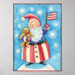 Cute Christmas, Patriotic Santa Claus with Flag ポスター<br><div class="desc">Vintage illustration cute Merry Christmas holiday design featuring an adorable, jolly, patriotic Santa Claus wearing red, white and blue clothes and holding an American flag and a teddy bear. Stars are shining bright in the night sky looking like snowflakes snowing down in winter. Peace on Earth. Great image for the...</div>