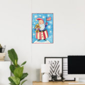 Cute Christmas, Patriotic Santa Claus with Flag ポスター (ホームオフィス)