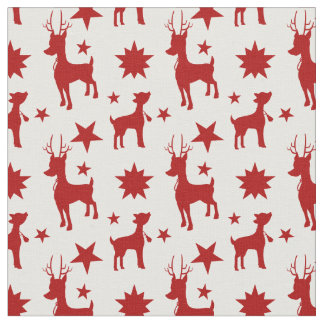 Cute Christmas pattern with red reindeer and stars ファブリック