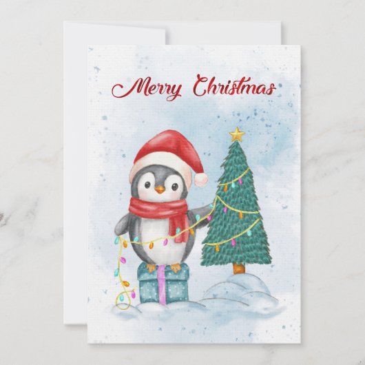 Cute Christmas Penguin Decorating Tree with Lights シーズンカード (正面)