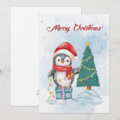 Cute Christmas Penguin Decorating Tree with Lights シーズンカード (正面/裏面)