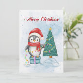 Cute Christmas Penguin Decorating Tree with Lights シーズンカード (スタンド正面)