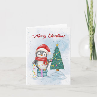 Cute Christmas Penguin Decorating Tree with Lights シーズンカード