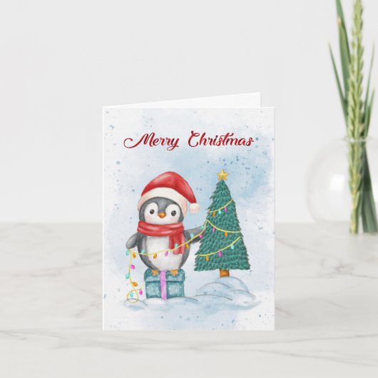 Cute Christmas Penguin Decorating Tree with Lights シーズンカード (正面)