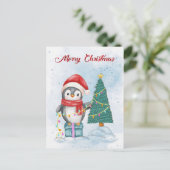 Cute Christmas Penguin Decorating Tree with Lights シーズンポストカード (スタンド正面)