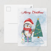 Cute Christmas Penguin Decorating Tree with Lights シーズンポストカード (正面/裏面)