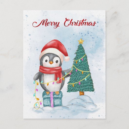 Cute Christmas Penguin Decorating Tree with Lights シーズンポストカード (正面)