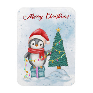 Cute Christmas Penguin Decorating Tree with Lights マグネット