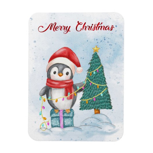 Cute Christmas Penguin Decorating Tree with Lights マグネット (縦)