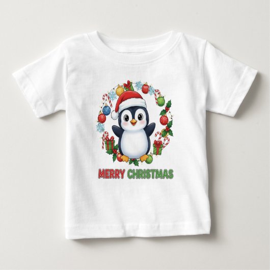 Cute Christmas Penguin Illustration ベビーTシャツ (正面)