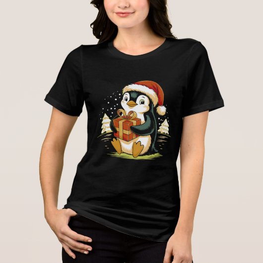 Cute Christmas Penguin with Gift Box トライブレンドＴシャツ (正面)
