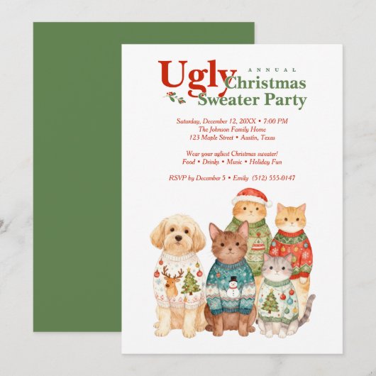 Cute Christmas Pets Sweater Party Green TMF26 招待状 (正面/裏面)