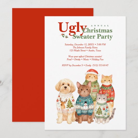 Cute Christmas Pets Sweater Party Red TMF26 招待状 (正面/裏面)