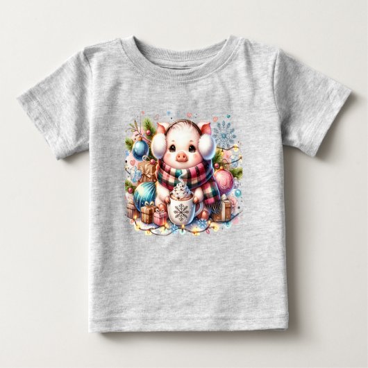 Cute Christmas Pig With Gifts and Hot Cocoa T-Shir ベビーTシャツ (正面)