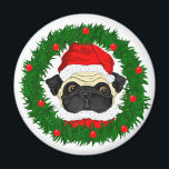Cute Christmas Pug Santa in Wreath マグネット<br><div class="desc">The Santa Pug magnets brighten up the Holidays! This little Santa makes a great stocking stuffer. Buy just one or buys 100's!</div>