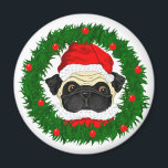 Cute Christmas Pug Santa in Wreath マグネット<br><div class="desc">The Santa Pug magnets brighten up the Holidays! This little Santa makes a great stocking stuffer. Buy just one or buys 100's!</div>