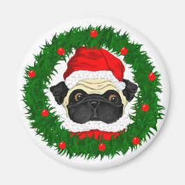 Cute Christmas Pug Santa in Wreath マグネット