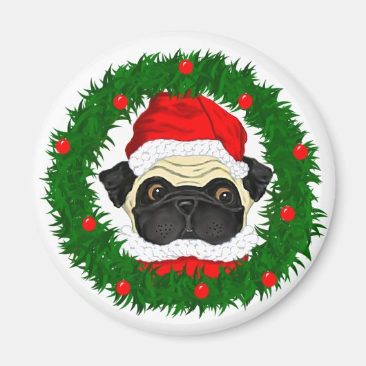 Cute Christmas Pug Santa in Wreath マグネット (正面)