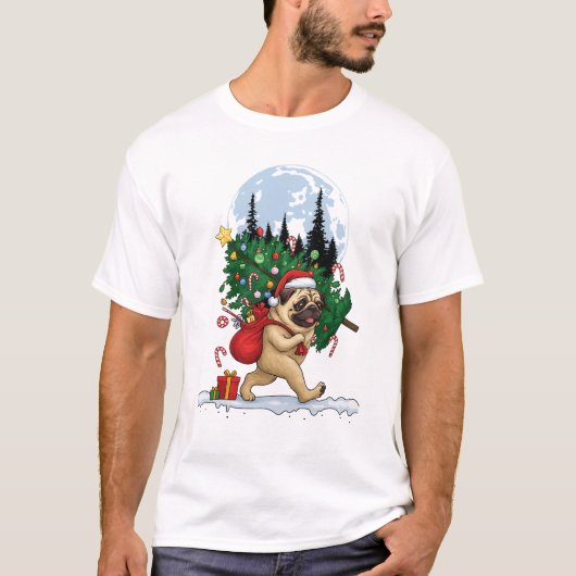 Cute Christmas Pug With Tree and Gifts  Tシャツ (正面)