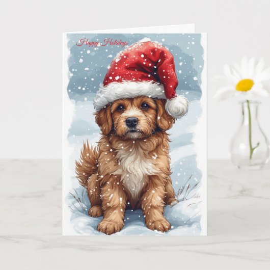 Cute Christmas Puppy  カード (小さな植物)