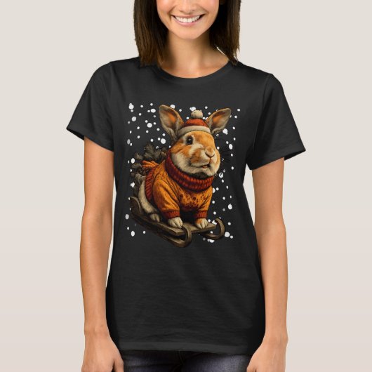 Cute Christmas Rabbit Sledding In Snow Funny Winte Tシャツ (正面)