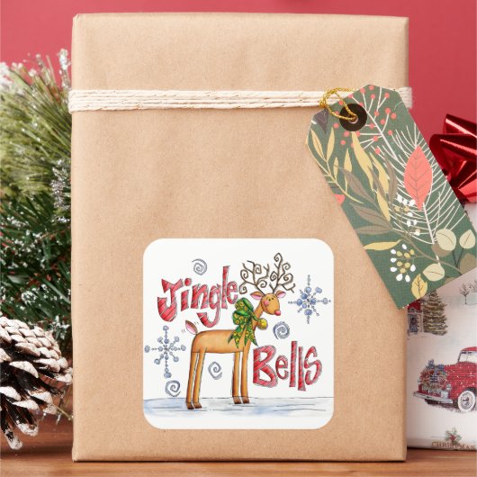 Cute Christmas Reindeer, Jingle Bells Snowflakes スクエアシール (クリスマス)