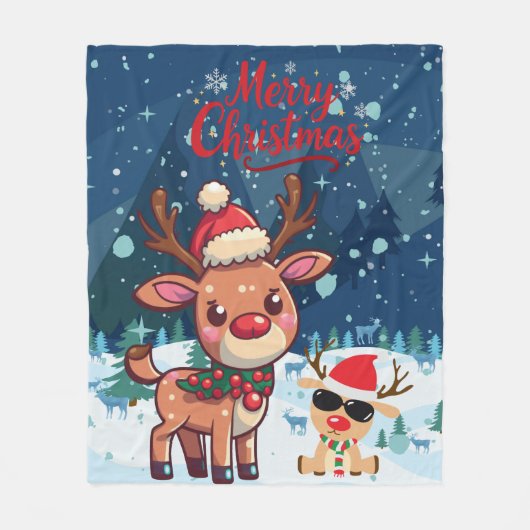 Cute Christmas Reindeer Kids Blanket フリースブランケット (正面)