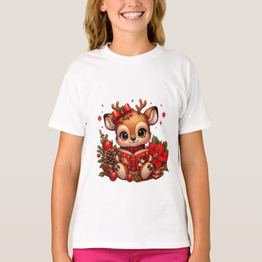 Cute Christmas Reindeer Reading Book Tシャツ (正面)