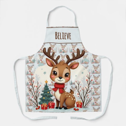 Cute Christmas Reindeer Scene Snowy Forest エプロン (正面)
