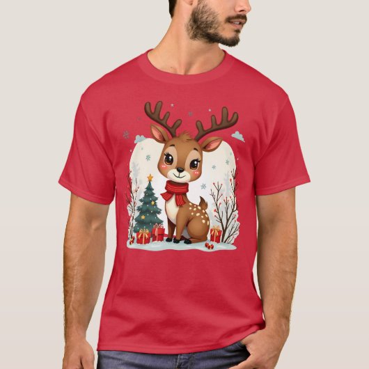 Cute Christmas Reindeer Scene Snowy Forest Tシャツ (正面)