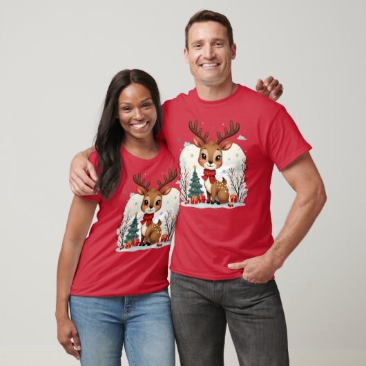 Cute Christmas Reindeer Scene Snowy Forest Tシャツ (ユニセックス)