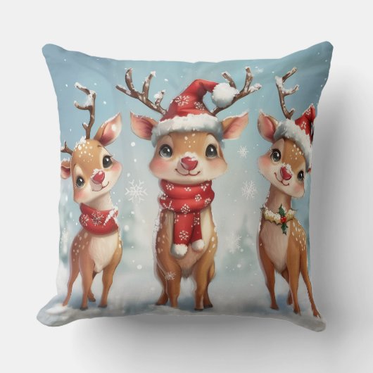 Cute Christmas Reindeer Throw Pillow クッション (正面)