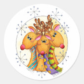 Cute Christmas Reindeer Wearing Scarves with Stars ラウンドシール (正面)