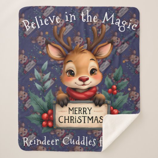 Cute Christmas Reindeer with Holly and Sign シェルパブランケット (正面)