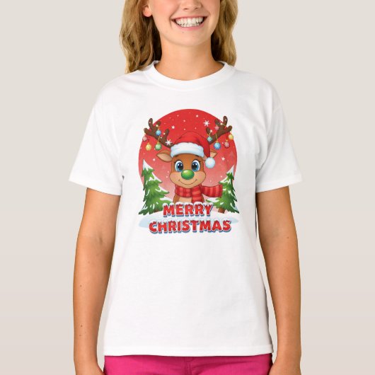 Cute Christmas Reindeer with Santa Hat Ornaments Tシャツ (正面)
