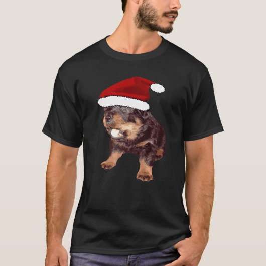 Cute Christmas Rottweiler With Red Santa Hat  1 Tシャツ (正面)