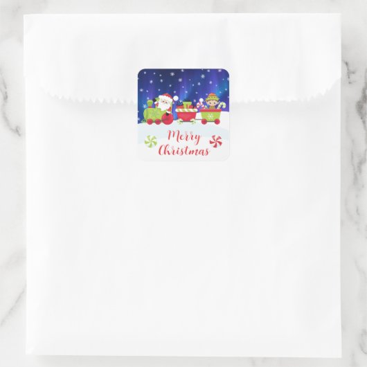 Cute Christmas Santa and Elf Train スクエアシール (バッグ)