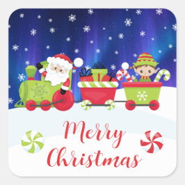 Cute Christmas Santa and Elf Train スクエアシール
