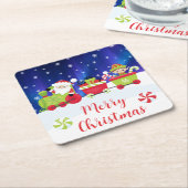 Cute Christmas Santa and Elf Train スクエアペーパーコースター (アングル)