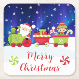 Cute Christmas Santa and Elf Train スクエアペーパーコースター