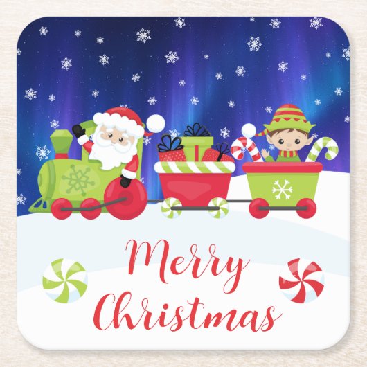 Cute Christmas Santa and Elf Train スクエアペーパーコースター (正面)